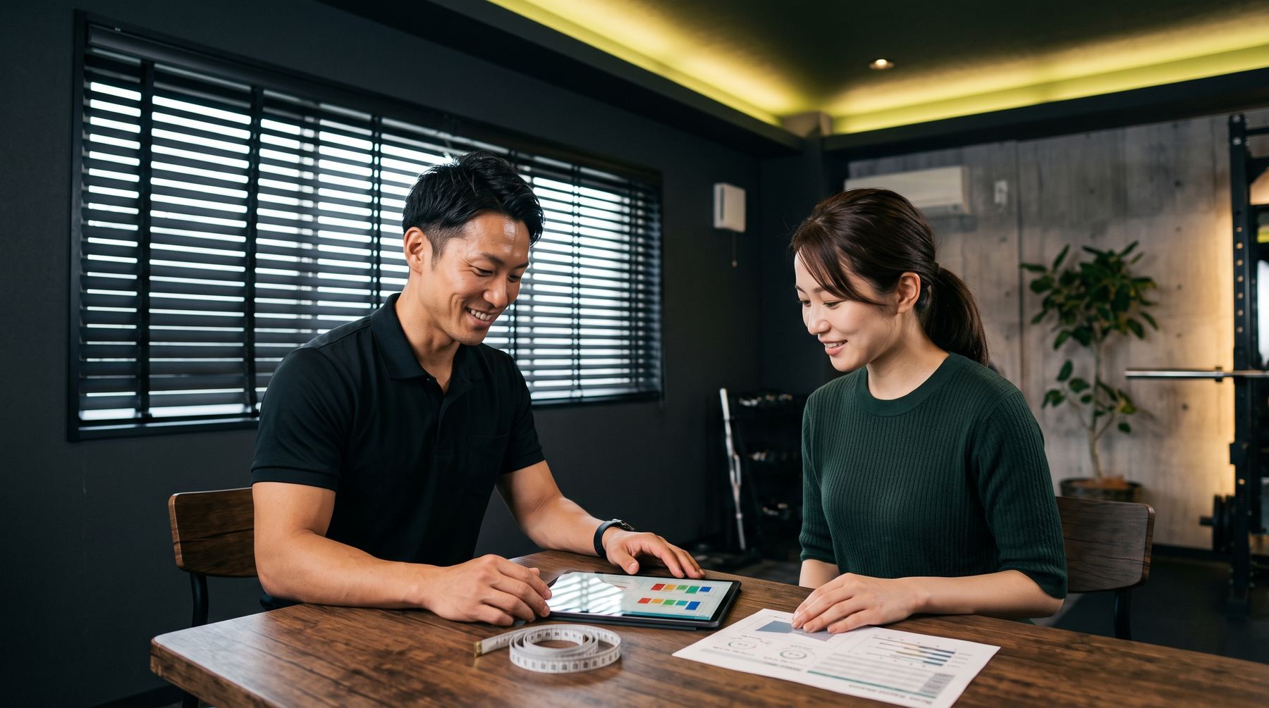 カウンセリングで体組成のデータを見ながら話すトレーナーと来店者